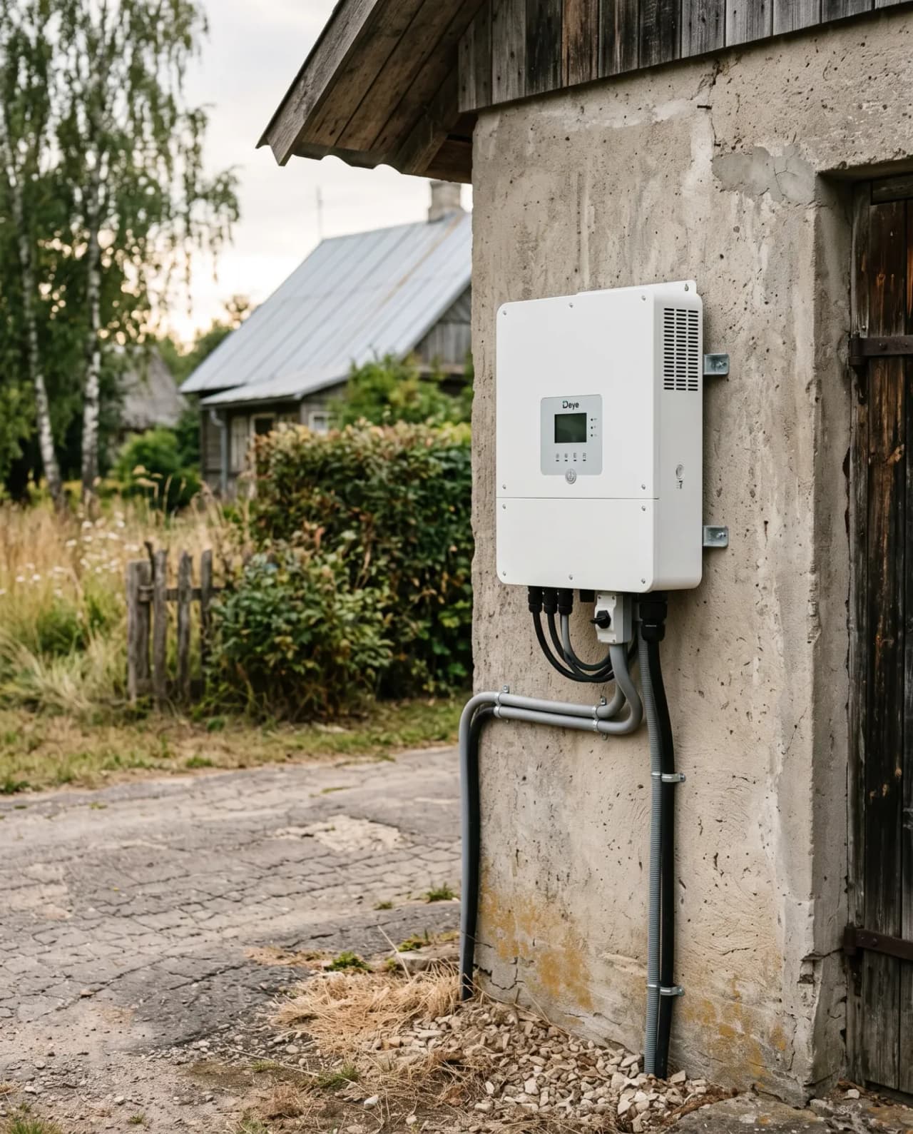 Hibrīda invertors pie mājas sienas